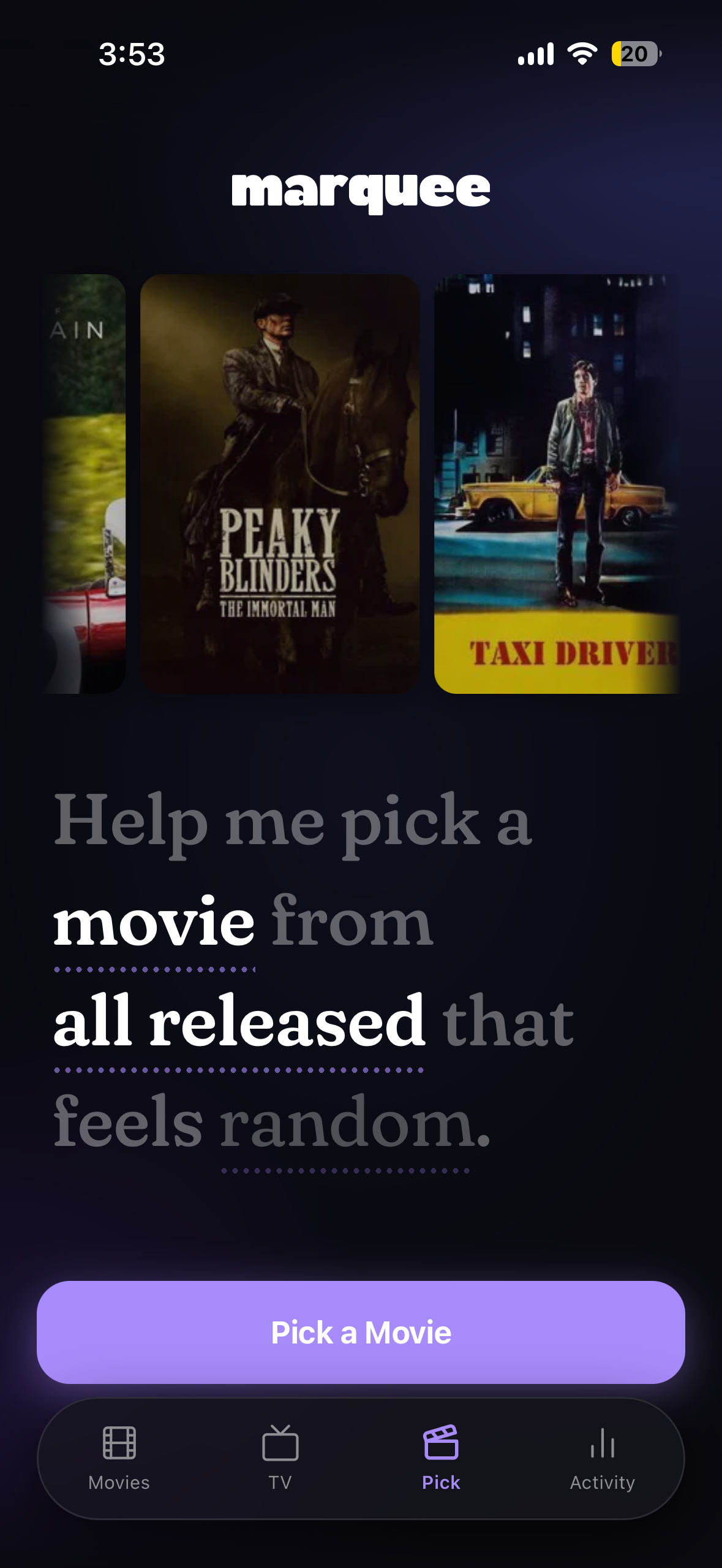 Marquee Pick-a-movie screen
