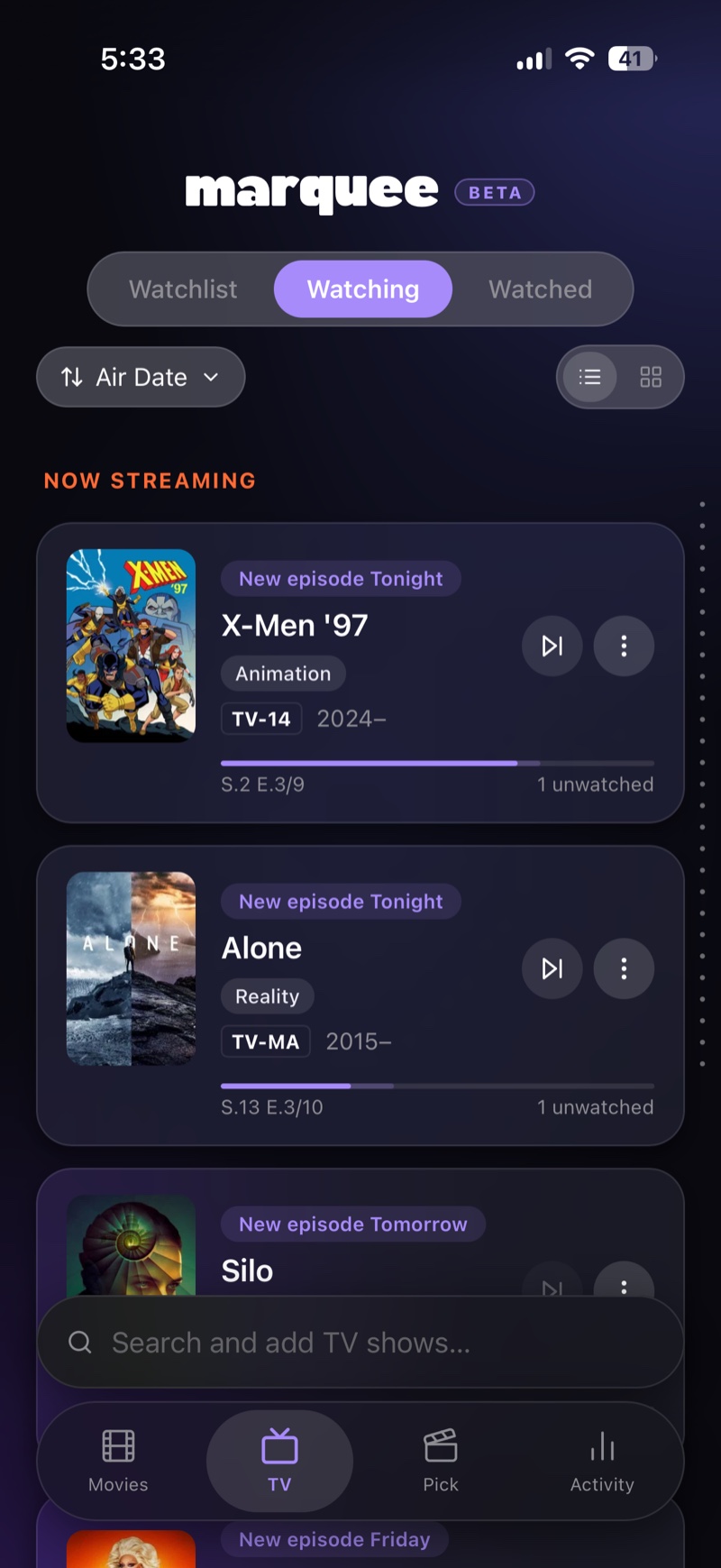 Marquee TV show tracking on iPhone