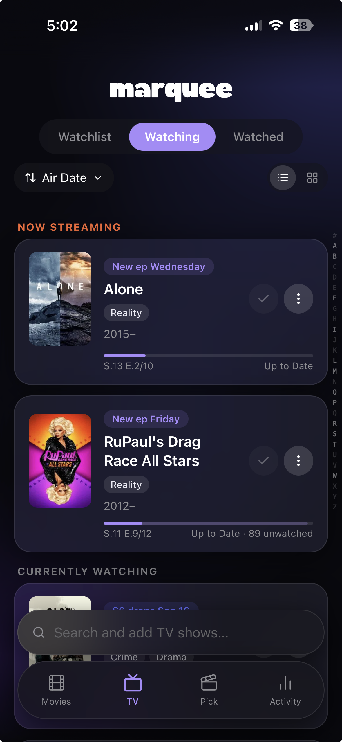 Marquee TV show tracking on iPhone